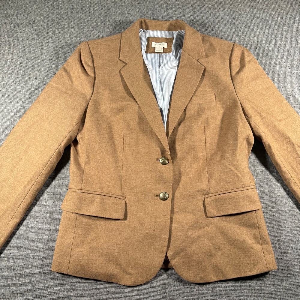 J.Crew Blazer Women 8 Camel Tan Wool Blend Gold Button Pinstripe Lining 92480